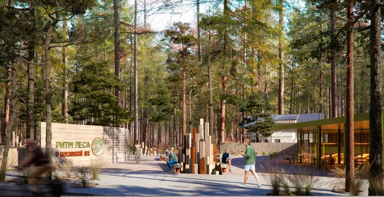 Evening render of Birch Forest public space in Votkinsk.